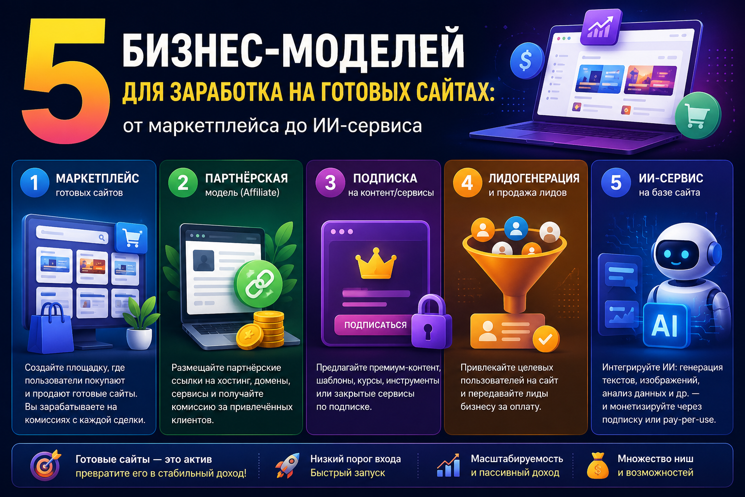 5 бизнес-моделей для заработка на готовых сайтах: от маркетплейса до ИИ-сервиса